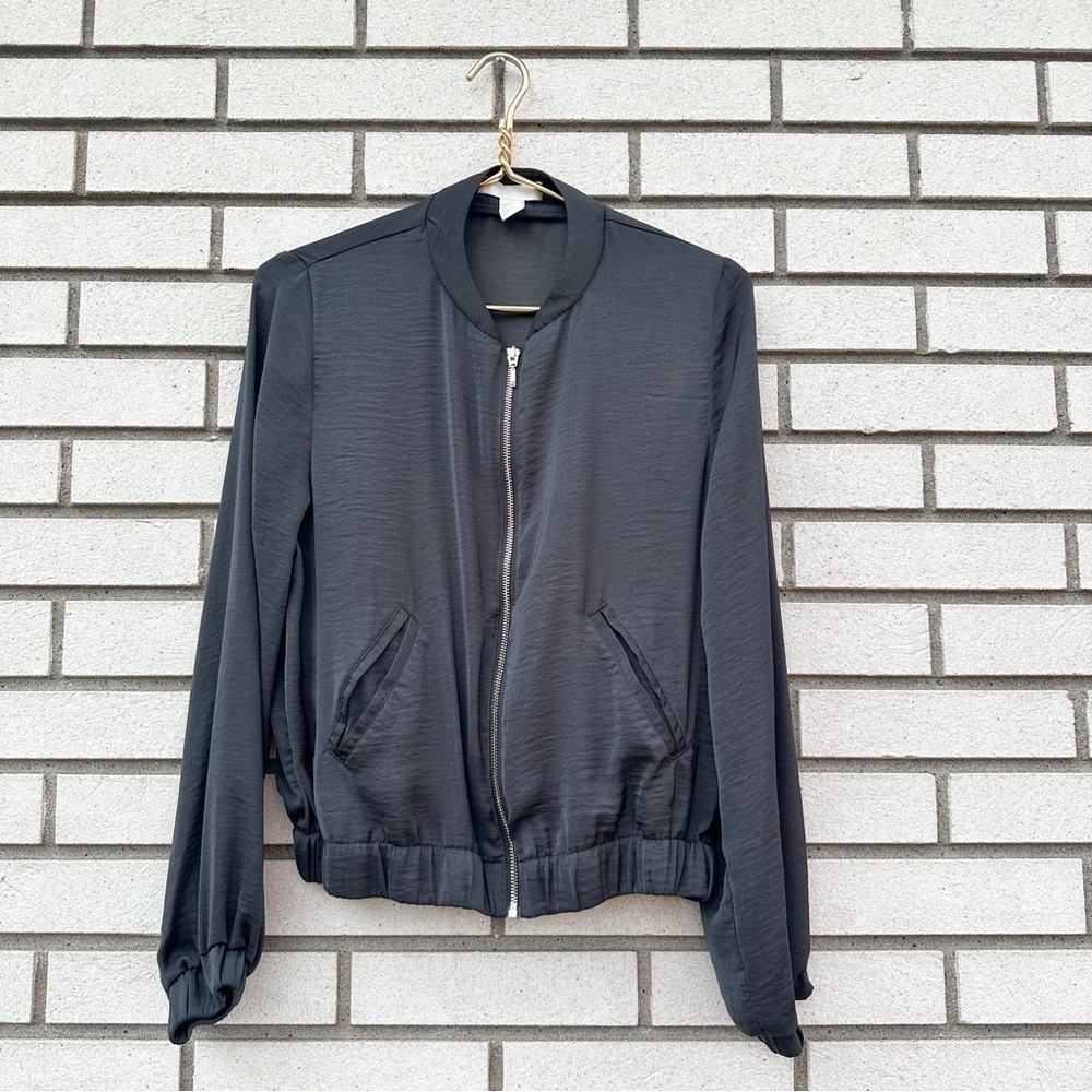 H&M Dark Olive Utility Bomber Jacket Lightweight Zip Front Casual Layer 8